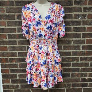 Laundry by Shelli Segal Size 8 Floral Tiered Mini Dress V-Neck Colorful Spring